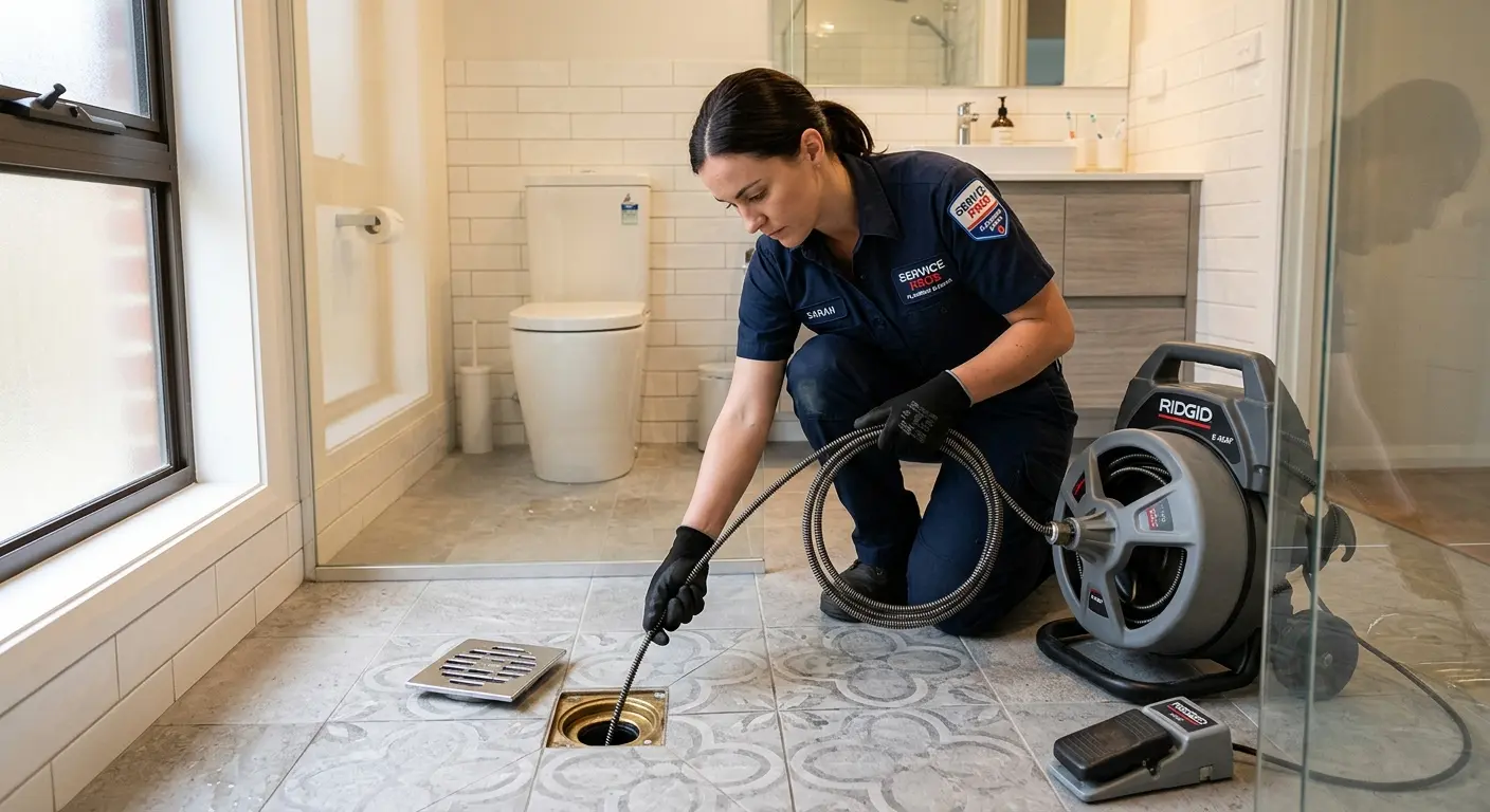 Technician clearing a bathroom floor drain for Drain Cleaning in The Hammocks